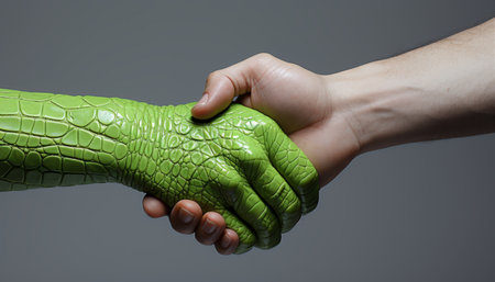 Reptilian handshake with a man, greeting of two men, close-ups of hands, mutual agreement in politics and business. AI generationの素材