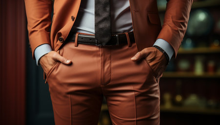 Cropped image of a man in a suit posing with his hands in pockets. AI generationの素材