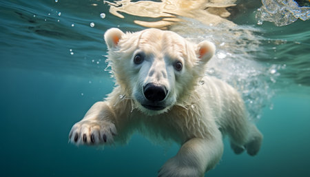 Polar bear swimming underwater in the water. AI generationの素材