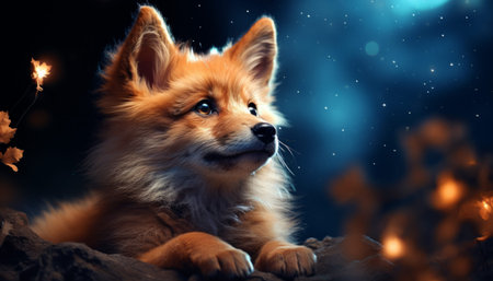 Cute pomeranian dog in the forest. Portrait of a red fluffy dog. AI generationの素材