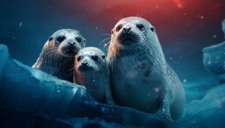 Group of fur seals on ice floe. Winter background. AI generationの素材