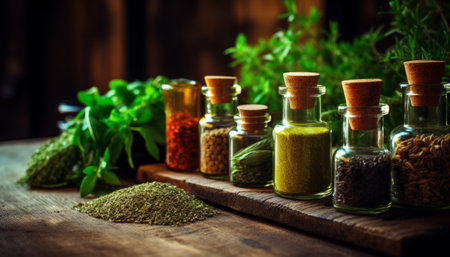 Spices and herbs on a wooden background. Selective focus. AI generationの素材