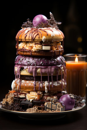 Sweet cream and candy burger in New Year's style, tall fast food hamburger in sweet glaze for kids. AI generationの素材