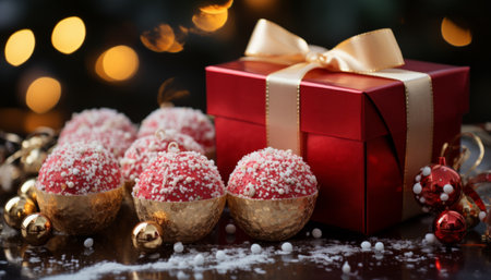 Christmas balls and gift box on bokeh background. New Year. AI generationの素材
