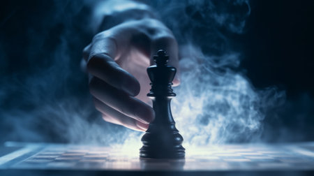 Chess board game concept of business ideas and competition and strategy ideas concept. Chess figures on a dark toned foggy background. AI generationの素材