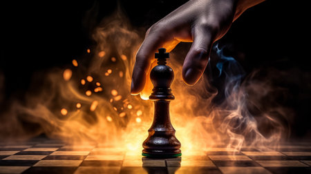 Chess board game concept of business ideas and competition and strategy ideas concept. Chess figures on a dark toned foggy background. AI generationの素材