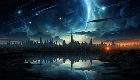 beautiful night view of the horizon Fantasy landscape with planet, city and moon. generation AIの素材