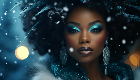 A fashionable and beautiful dark-skinned snow maiden girl, a woman princess in a New Year's outfit made of bijouterie and fur. AI generationの素材