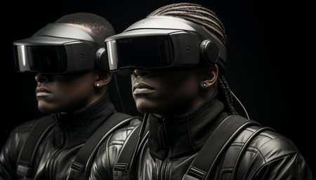 A man plays with a VR headset, a brutal guy with virtual reality glasses. AI generationの素材