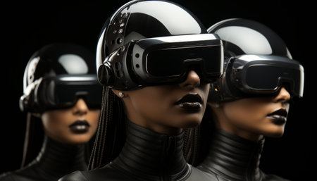 Girl playing with VR headset, beautiful woman with virtual reality glasses.の素材