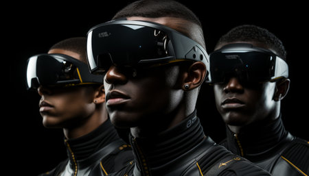 A man plays with a VR headset, a brutal guy with virtual reality glasses. AI generationの素材