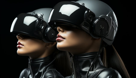 Girl playing with VR headset, beautiful woman with virtual reality glasses.の素材