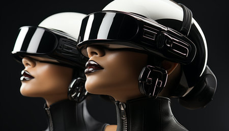 Girl playing with VR headset, beautiful woman with virtual reality glasses.の素材