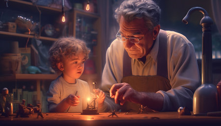 Little boy and his grandpa playing with a magic lamp at homeの素材