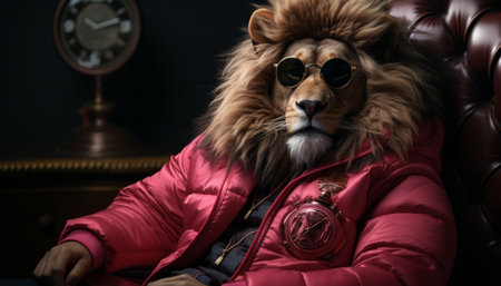 Glamorous fashionable lion in an expensive suit businessman, male king of beasts, boss sits in a luxurious chair.の素材