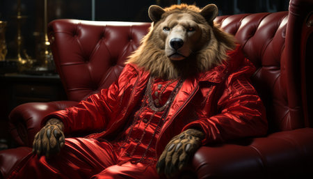 Glamorous bear in an expensive suit of a businessman, male king of beasts, male boss in a luxurious chair.の素材