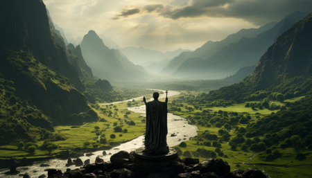 Silhouette of Buddha statue on mountain backgroundの素材