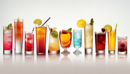 Variety of alcoholic cocktails on a white background with reflection and shadowsの素材