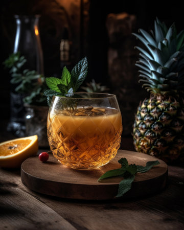 Cocktail with pineapple and mint on a wooden background. Selective focus.の素材