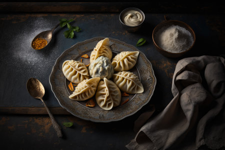 Traditional Georgian dumplings khinkali with sour cream on dark backgroundの素材