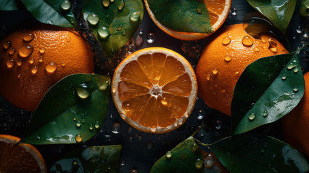 Oranges with green leaves and water drops on dark background, top viewの素材