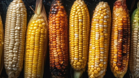 Grilled corn on the cob, close-up, top viewの素材