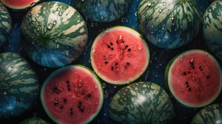 Watermelon with water droplets on a blue background. Top view.の素材