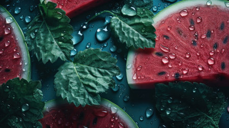 Watermelon slices and mint leaves on blue background. Top view.の素材