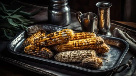 Boiled corn on the cob in rustic style. Selective focus.の素材