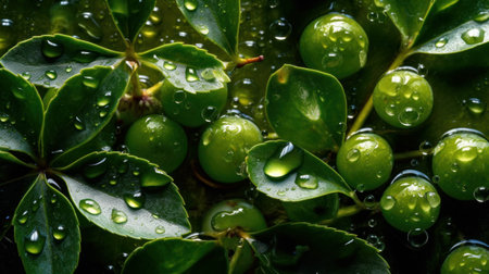 Green leaves with water drops, close-up. nature background.の素材
