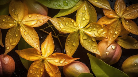Close up of beautiful yellow star fruit with water drops on black backgroundの素材