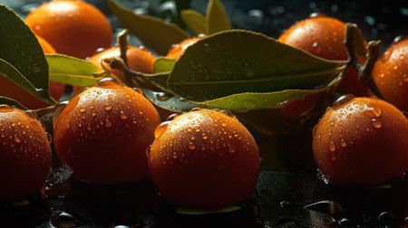 Ripe kumquat fruits with water drops on black backgroundの素材