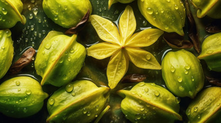 Star fruit or carambola in the water with drops of waterの素材