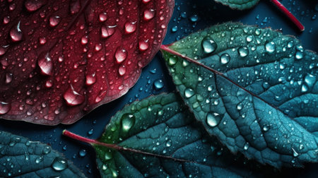 Red leaves with water drops on dark blue background, closeup.の素材