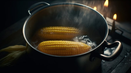 Cooking corn on the cob in a pot on a dark backgroundの素材