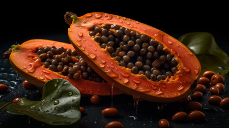 Papaya fruit on a black background with drops of water.の素材