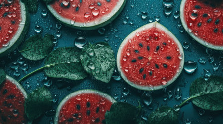 Watermelon and mint leaves on a blue background. Top view.の素材