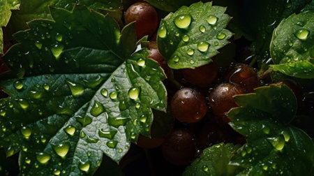 grapes with water droplets on the leaves after the rainの素材