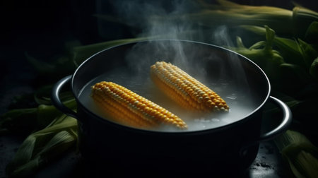Boiling corn on cobs in a pot on a dark backgroundの素材