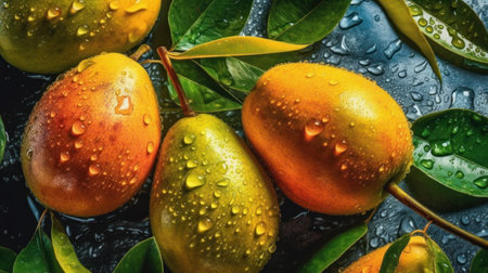 Ripe juicy mango fruits with green leaves on a dark background.の素材