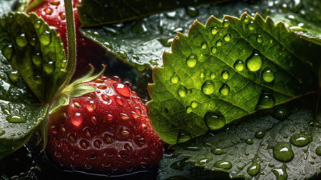 Strawberry with dew drops on green leaves, closeupの素材