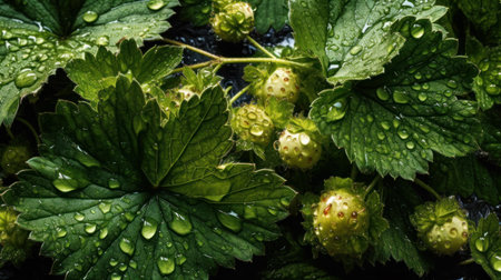 Strawberry plant with water droplets on leaves, close upの素材