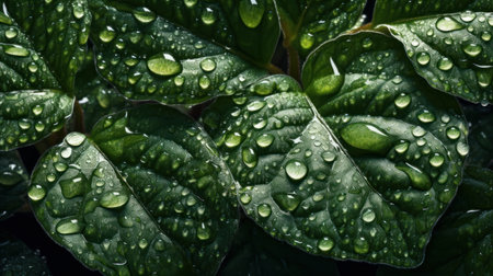 Water droplets on green leaves after the rain. Nature background.の素材