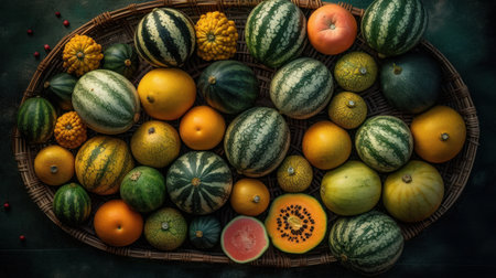Variety of melons and kumquat in a basketの素材