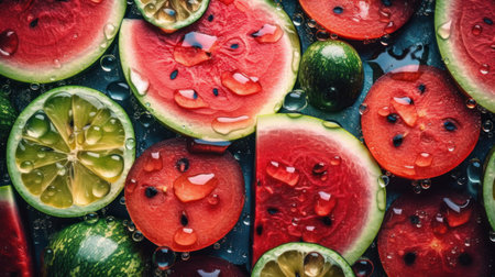 Watermelon and lime slices with drops of water on a dark backgroundの素材