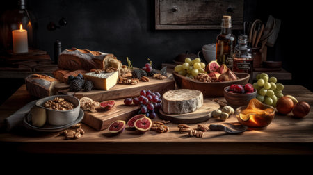 Still life with cheese, fruits, nuts and wine on a dark backgroundの素材