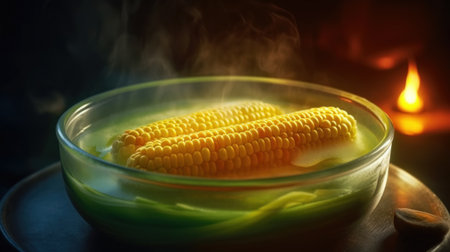 Boiled corn on the cob in a glass bowl on a dark backgroundの素材