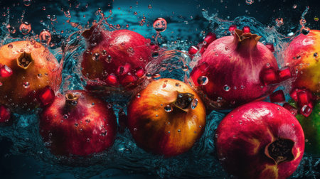 Ripe pomegranates in water with splash on dark blue backgroundの素材