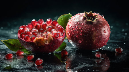Ripe pomegranate fruit with water drops on black backgroundの素材