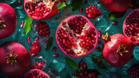 Fresh pomegranate fruit with leaves and ice on blue backgroundの素材